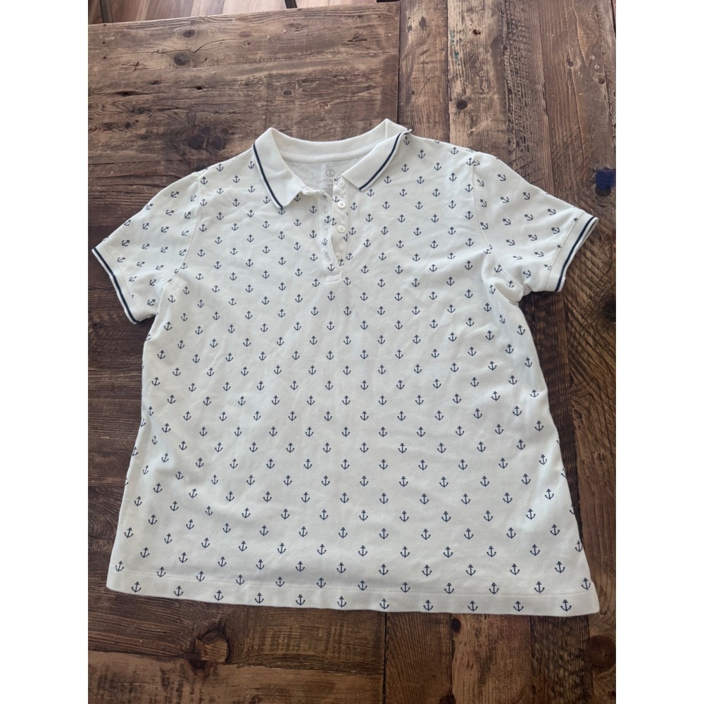 Lands End Women Petite Medium White Navy Anchor Print Short Sleeve Polo Shirt